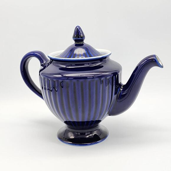 Hall Pottery Teapot Cobalt Blue Vintage Ribbed Pedestal Base 7.25" USA - Picture 1 of 12